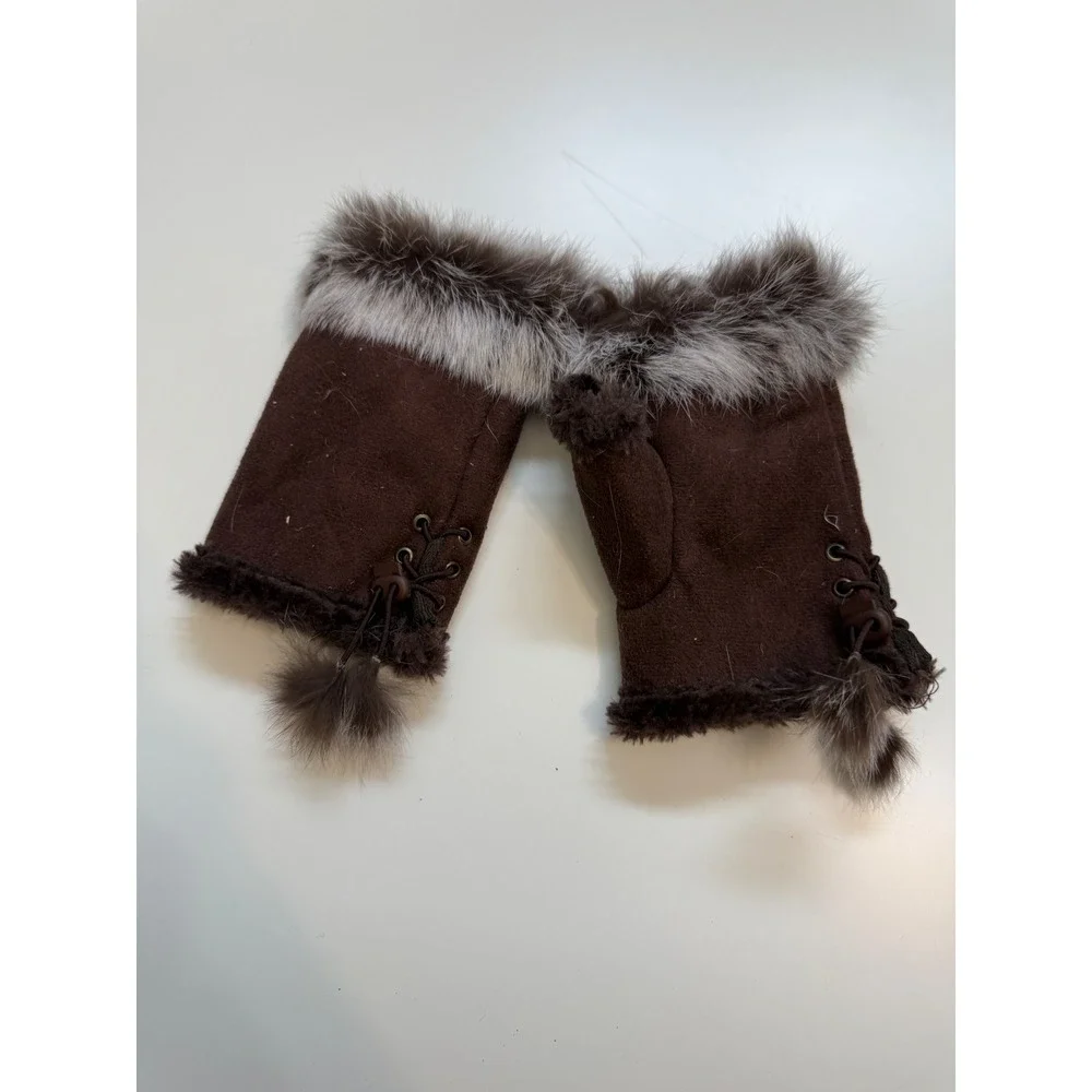 Brown Faux Suede Fingerless Gloves Faux Fur Trim Lace Up Pom Pom Hand Warmers
